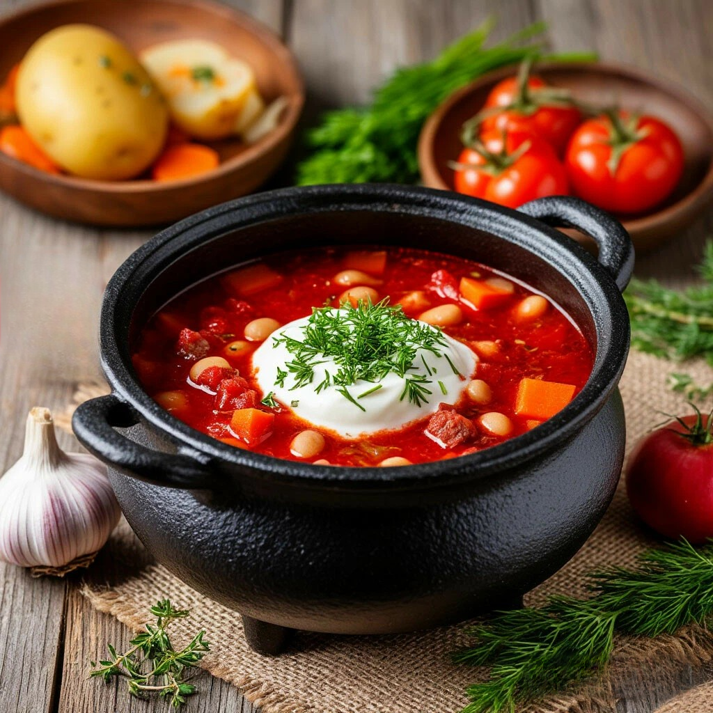 Light Ukrainian Borscht with Meat, Tomatoes, and Canned Beans